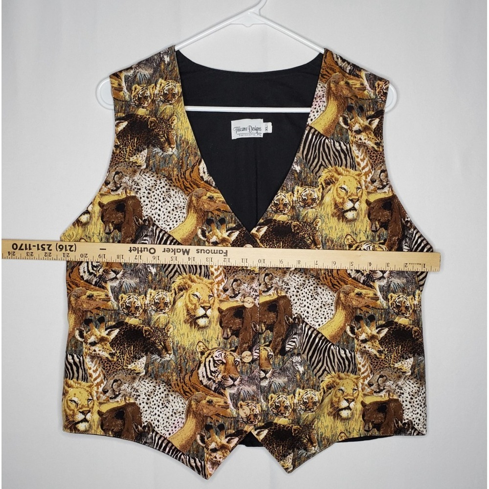Vtg Toscano Jungle Animals Vest Women XL Cotton Twill Button V-Neck Safari Zoo - Picture 8 of 8